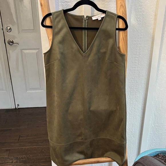 LOFT Olive Faux Suede V-Neck Mini Shift Dress - Picture 2 of 5